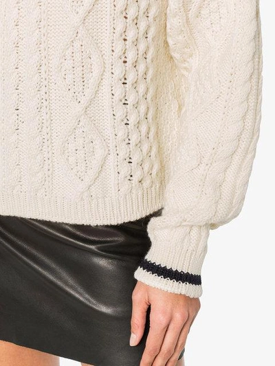 Shop Saint Laurent Contrast Cuff Cable Knit Sweater - White