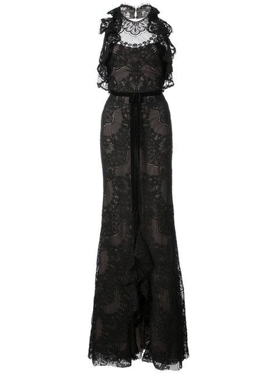 Shop Marchesa Notte Ruffled Guipure Lace Gown In Black
