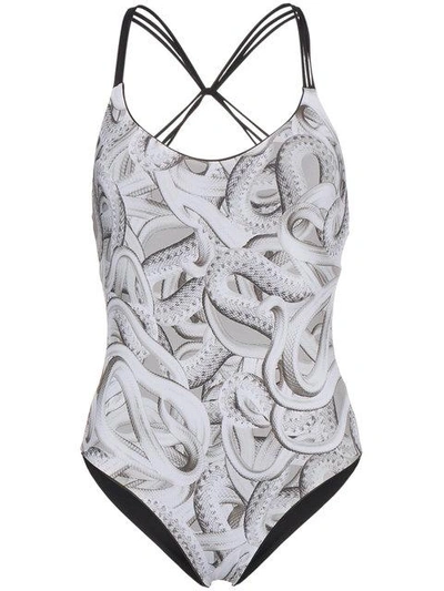 Shop Belusso Snake Print Reversible Cross Back Swimsuit In White