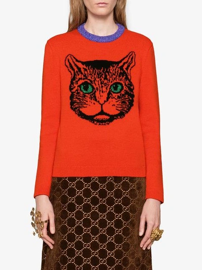 Shop Gucci Mystic Cat Wool Knit Sweater In Orange