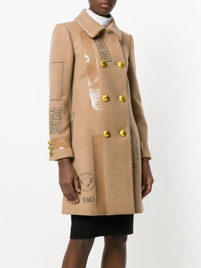 Shop Moschino Patch Print Double Breasted Coat In Neutrals