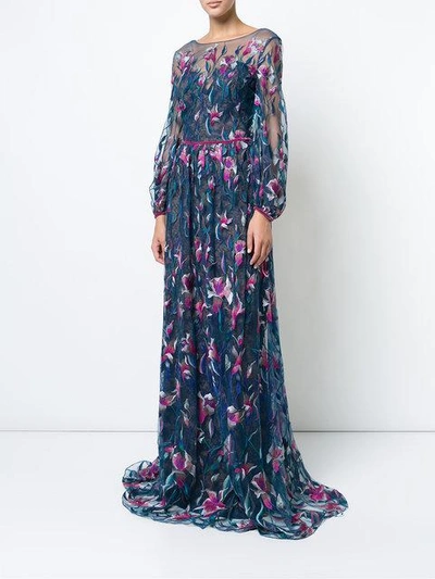 Shop Marchesa Notte Embroidered Flared Gown In Navy