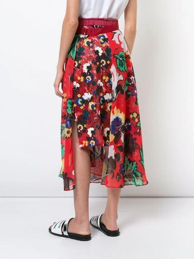 Shop Sacai Floral Print Midi Skirt In Red