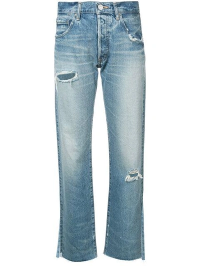 Shop Moussy Distressed Slit Cuff Jeans In Blue