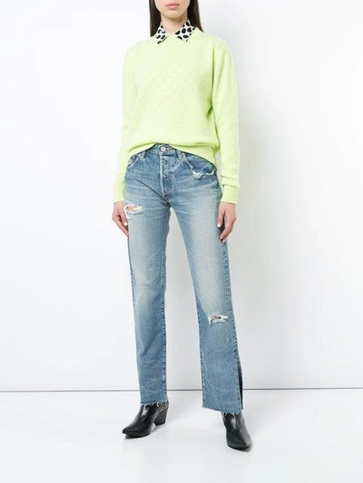 Shop Moussy Distressed Slit Cuff Jeans In Blue
