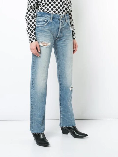 Shop Moussy Distressed Slit Cuff Jeans In Blue