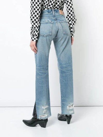 Shop Moussy Distressed Slit Cuff Jeans In Blue