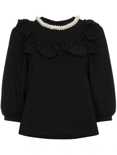 Shop Simone Rocha Faux Pearl Embellished Frill Bib Top In Black