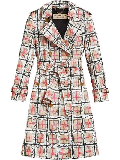 Shop Burberry Scribble Check Tench Coat - White
