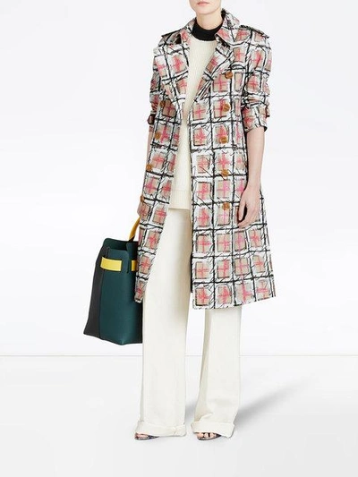 Shop Burberry Scribble Check Tench Coat - White
