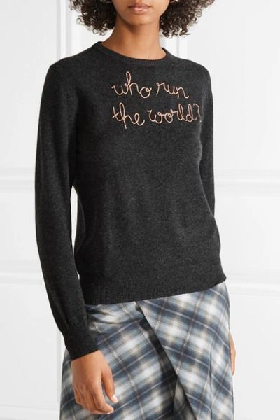 Shop Lingua Franca Who Run The World Embroidered Cashmere Sweater In Charcoal