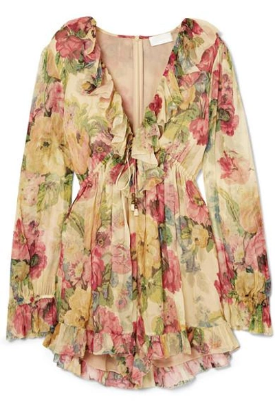 Shop Zimmermann Melody Floating Ruffled Floral-print Silk-crepon Playsuit