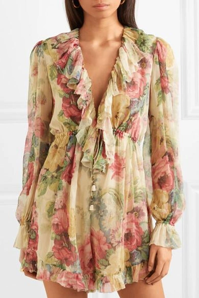 Shop Zimmermann Melody Floating Ruffled Floral-print Silk-crepon Playsuit