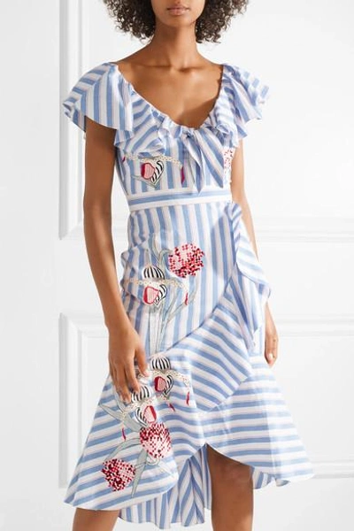 Shop Temperley London Bella Embroidered Striped Cotton-blend Midi Dress In Blue