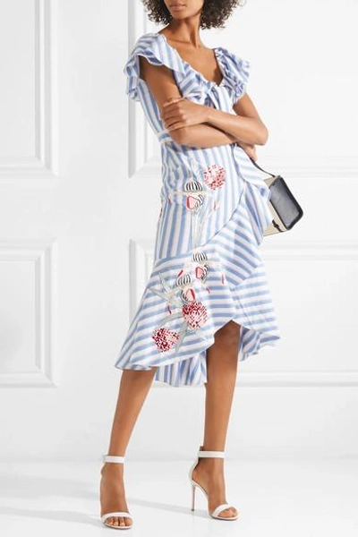 Shop Temperley London Bella Embroidered Striped Cotton-blend Midi Dress In Blue