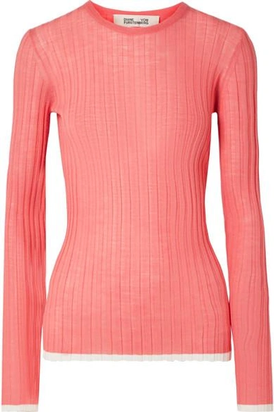 Shop Diane Von Furstenberg Two-tone Ribbed Wool-blend Sweater In Coral