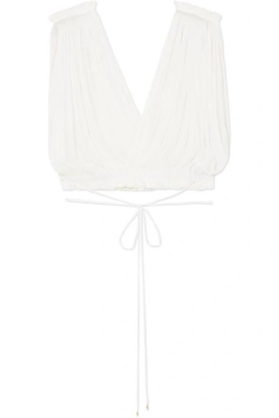 Shop Elena Makri Antigone Cropped Pleated Silk-tulle Wrap Top In White