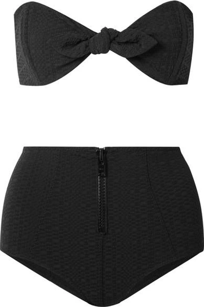 Shop Lisa Marie Fernandez Poppy Knotted Seersucker Bandeau Bikini Top In Black