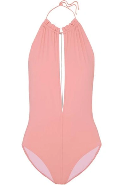 Shop On The Island By Marios Schwab Palm Embellished Halterneck Swimsuit In Antique Rose