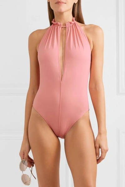 Shop On The Island By Marios Schwab Palm Embellished Halterneck Swimsuit In Antique Rose