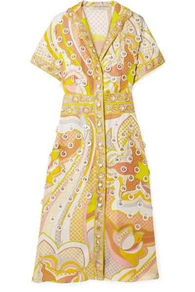 Shop Emilio Pucci Embellished Printed Silk-twill Dress In Yellow