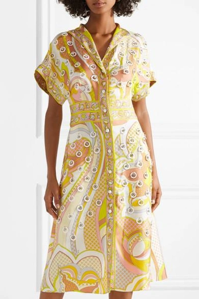 Shop Emilio Pucci Embellished Printed Silk-twill Dress In Yellow