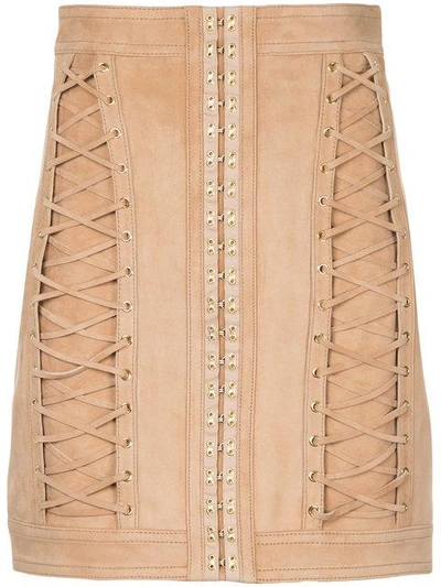 Shop Balmain Lace-up Mini Skirt In Brown