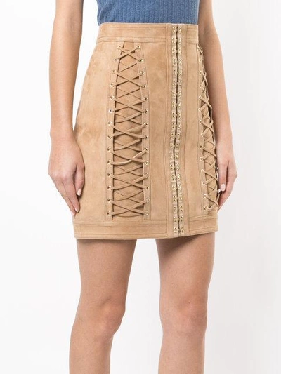 Shop Balmain Lace-up Mini Skirt In Brown