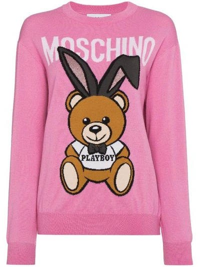 Shop Moschino Wool Crew Neck Sweater With Bear Logo - Pink & Purple