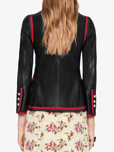 Shop Gucci Leather Jacket With Ribbon Trim - Black