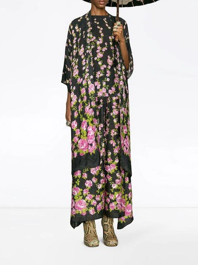 Shop Gucci Climbing Roses Print Pajama Trousers In Black