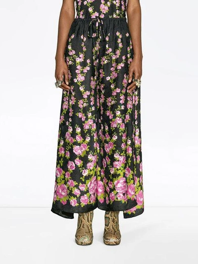 Shop Gucci Climbing Roses Print Pajama Trousers In Black