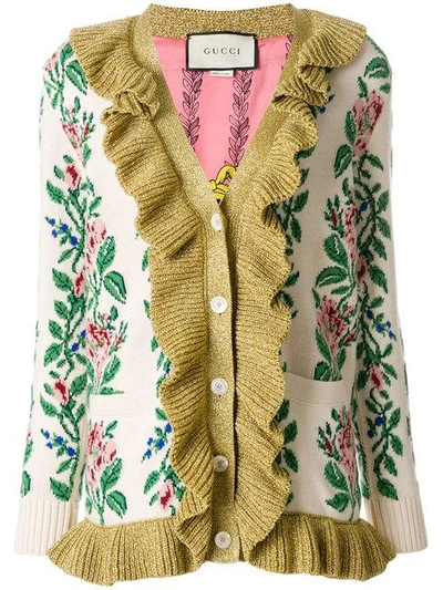 Shop Gucci Intarsia Jacquard Flowers Cardigan In Neutrals