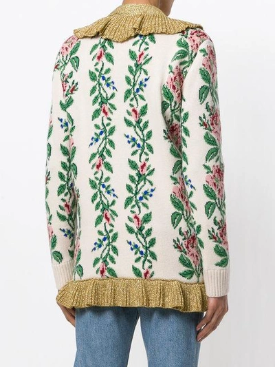 Shop Gucci Intarsia Jacquard Flowers Cardigan In Neutrals