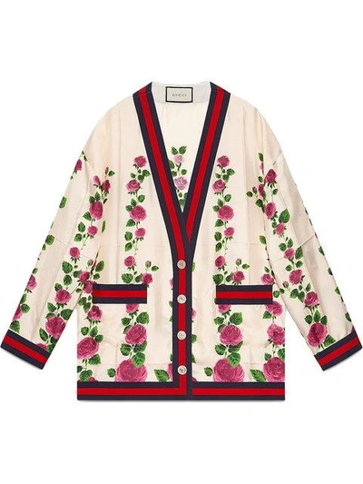 Shop Gucci Cardigan Aus Seide Mit Rosengarten-print In 9323