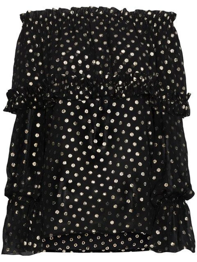 off-shoulder polka dot silk blouse