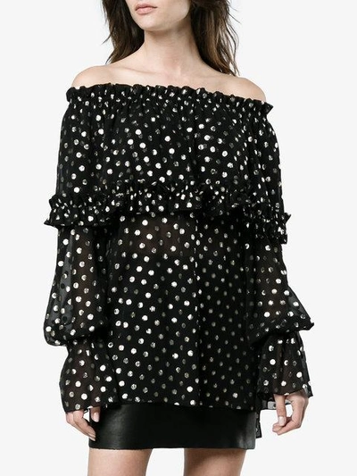 off-shoulder polka dot silk blouse