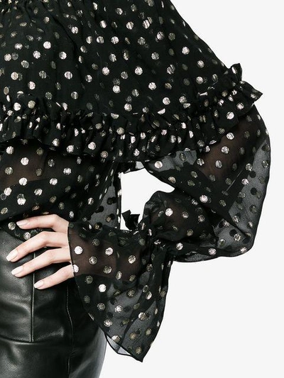 off-shoulder polka dot silk blouse