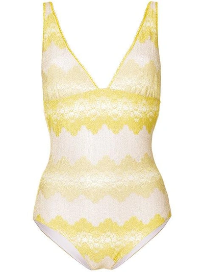Shop Missoni Striped Swimsuit In Yellow