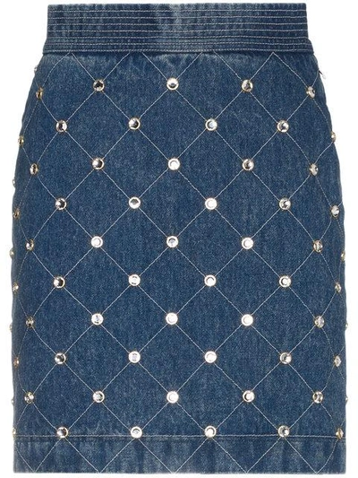 Shop Gucci Crystal Embellished Denim Mini Skirt In Blue