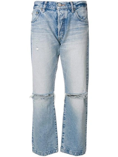 Shop Moussy Distressed Straight Jeans In Blue