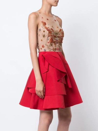 Shop Marchesa Notte Sheer Embellished Ruffle Dress In Red