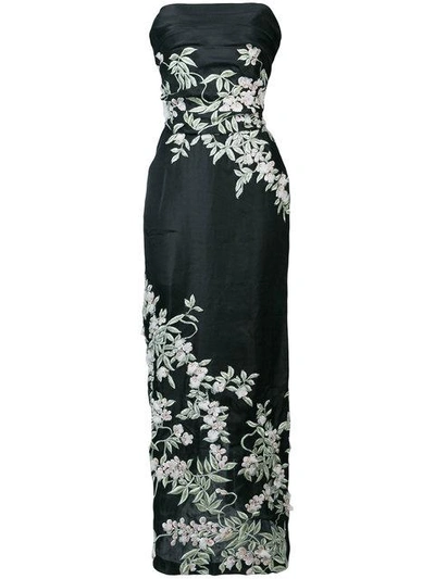 Shop Marchesa Floral-embroidered Column Gown In Black