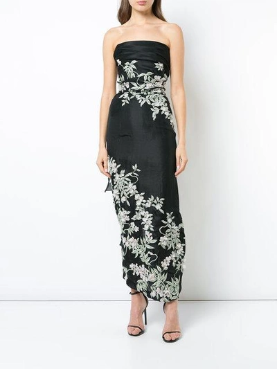 Shop Marchesa Floral-embroidered Column Gown In Black