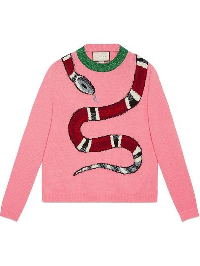 Gucci Snake Intarsia Wool Knit Sweater In Pink Multi | ModeSens