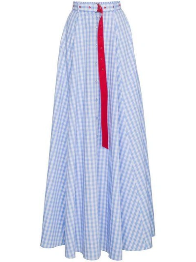 Shop Adam Selman High Waist Gingham Cotton Maxi Skirt - Blue