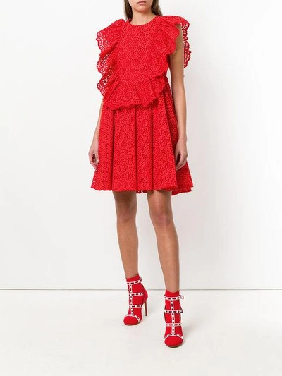 Shop Msgm Eyelet Ruffled Front Sleeveless Dress In Red