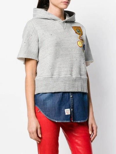 Shop Dsquared2 Patch Short Sleeve Hoodie With Faux Denim Layer In Grey