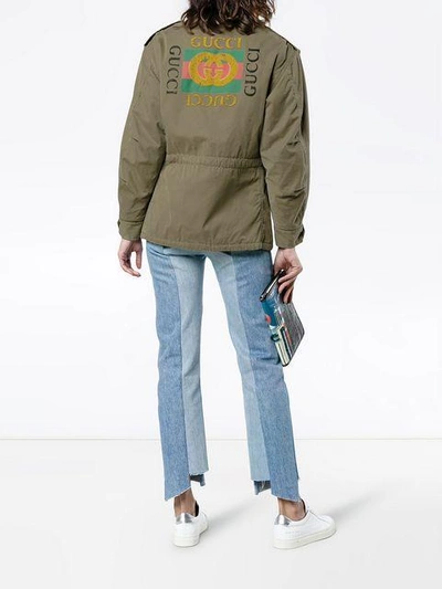 Shop Gucci Logo Print Military Jacket In Green
