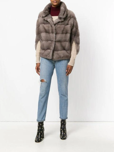 Shop Liska Romea Slit Sleeves Fur Jacket In Silverblue